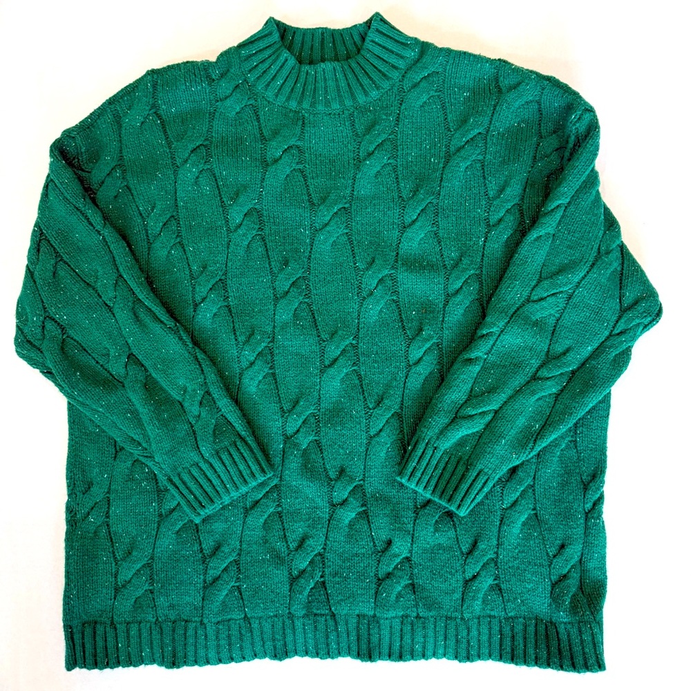 LL Bean Green Cable Knit Sweater – 1X (16W-18W) Cotton Wool Blend